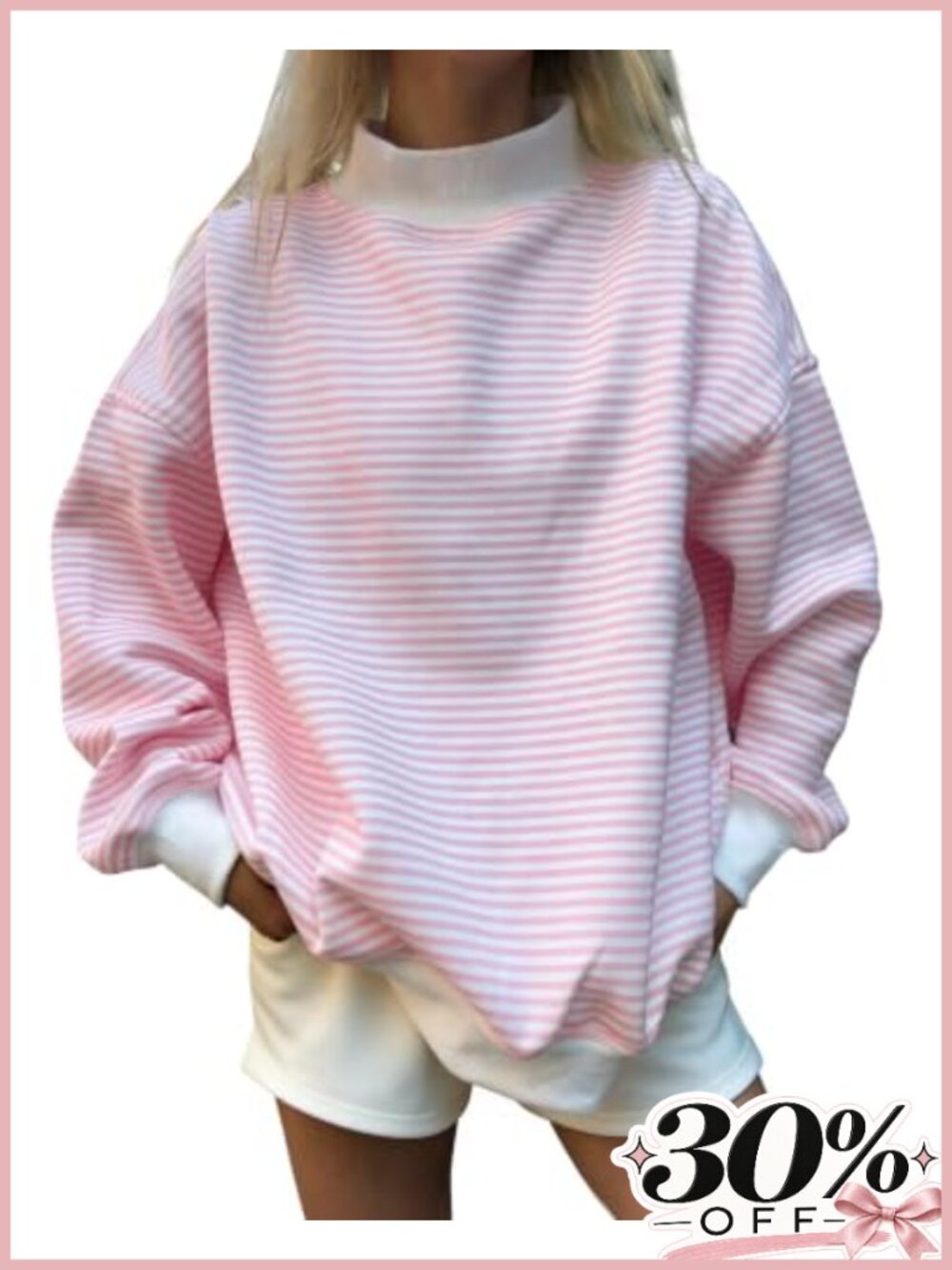 Oversized Mockneck Striped Sweatshirt Cotton Blend Long Sleeve Pullover